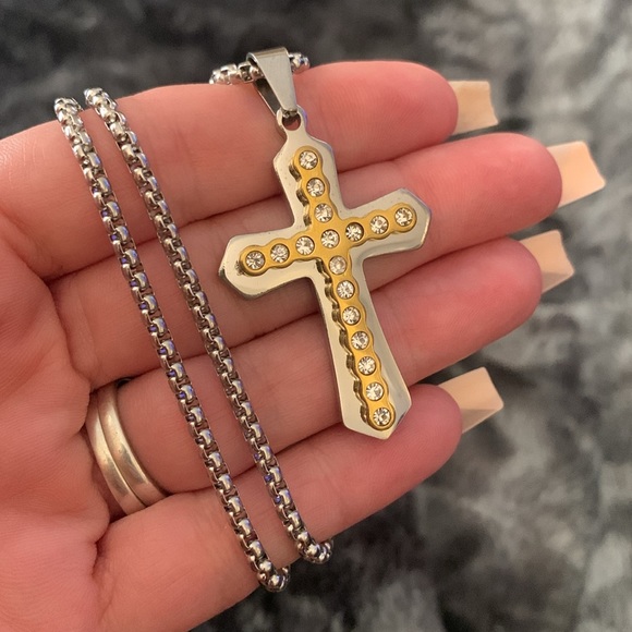 Men’s Two-Tone Cross Pendant Necklace with CZ Stones – Stainless Steel Chain - Picture 5 of 9